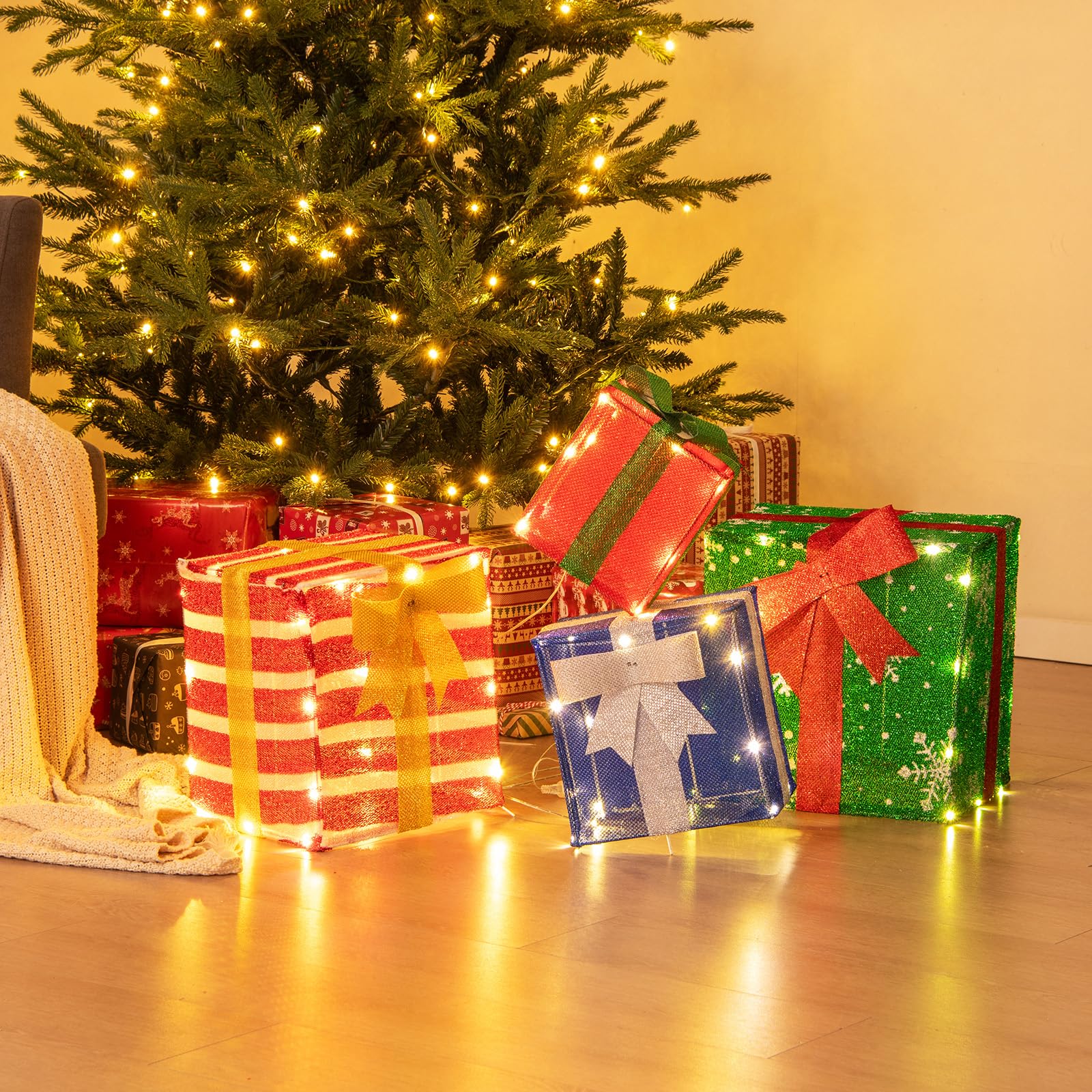 Tangkula 4 FT Lighted Stacked Gift Boxes, Light up Box Tower Christmas Decorations with Built-in LED Lights - Product image 3