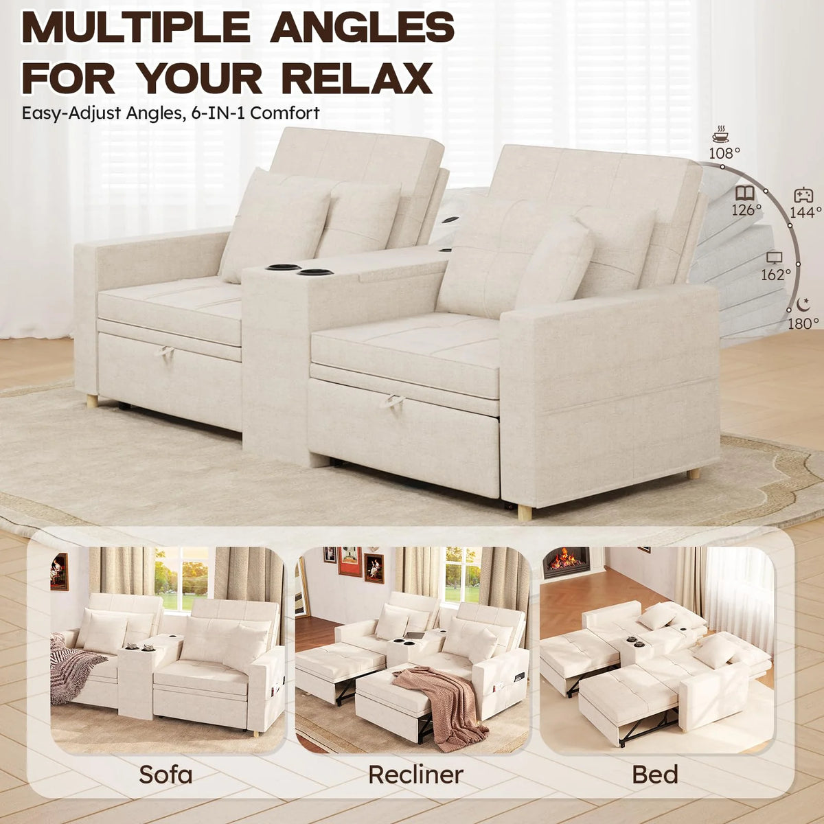 AECOJOY 75" Sleeper Chair, 3 in 1 Convertible Sleeper Sofa Bed, 2-Seater Pull Out Couch Bed - Product image 7