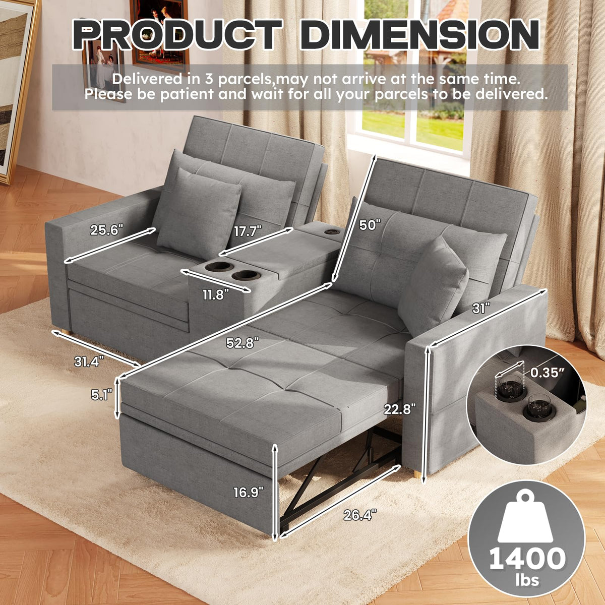 AECOJOY 75" Sleeper Chair, 3 in 1 Convertible Sleeper Sofa Bed, 2-Seater Pull Out Couch Bed - Product image 11
