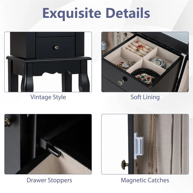 Standing Jewelry Armoire Cabinet with Flip Top Mirror, 4 Drawers, 8 Necklace Hooks & 2 Side Doors - Product image 19
