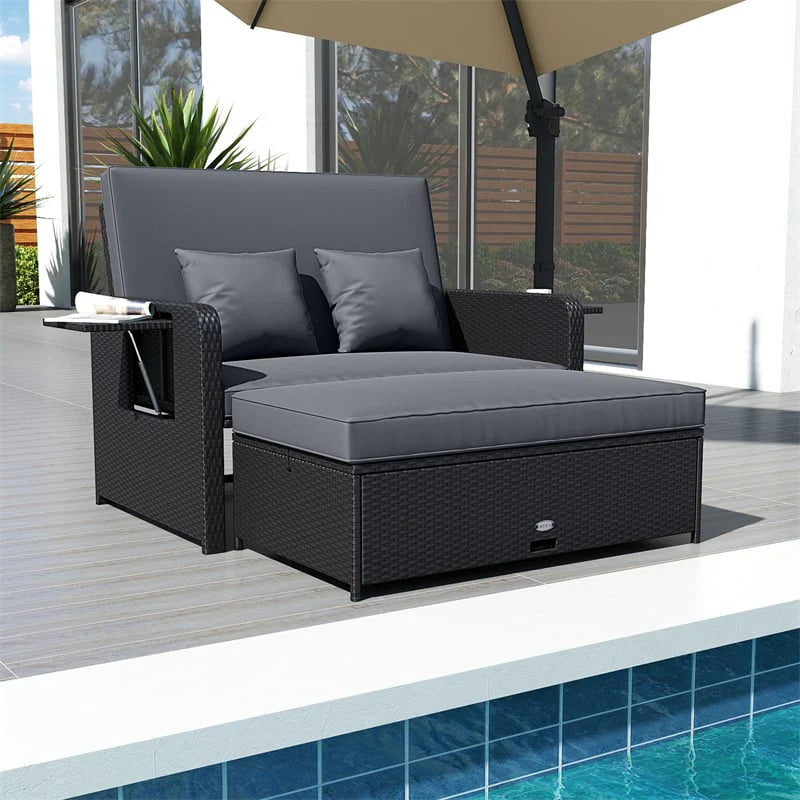 Patio Rattan Daybed Outdoor Wicker Loveseat Sofa with 4-Level Adjustable Backrest, Storage Ottoman - Product image 12