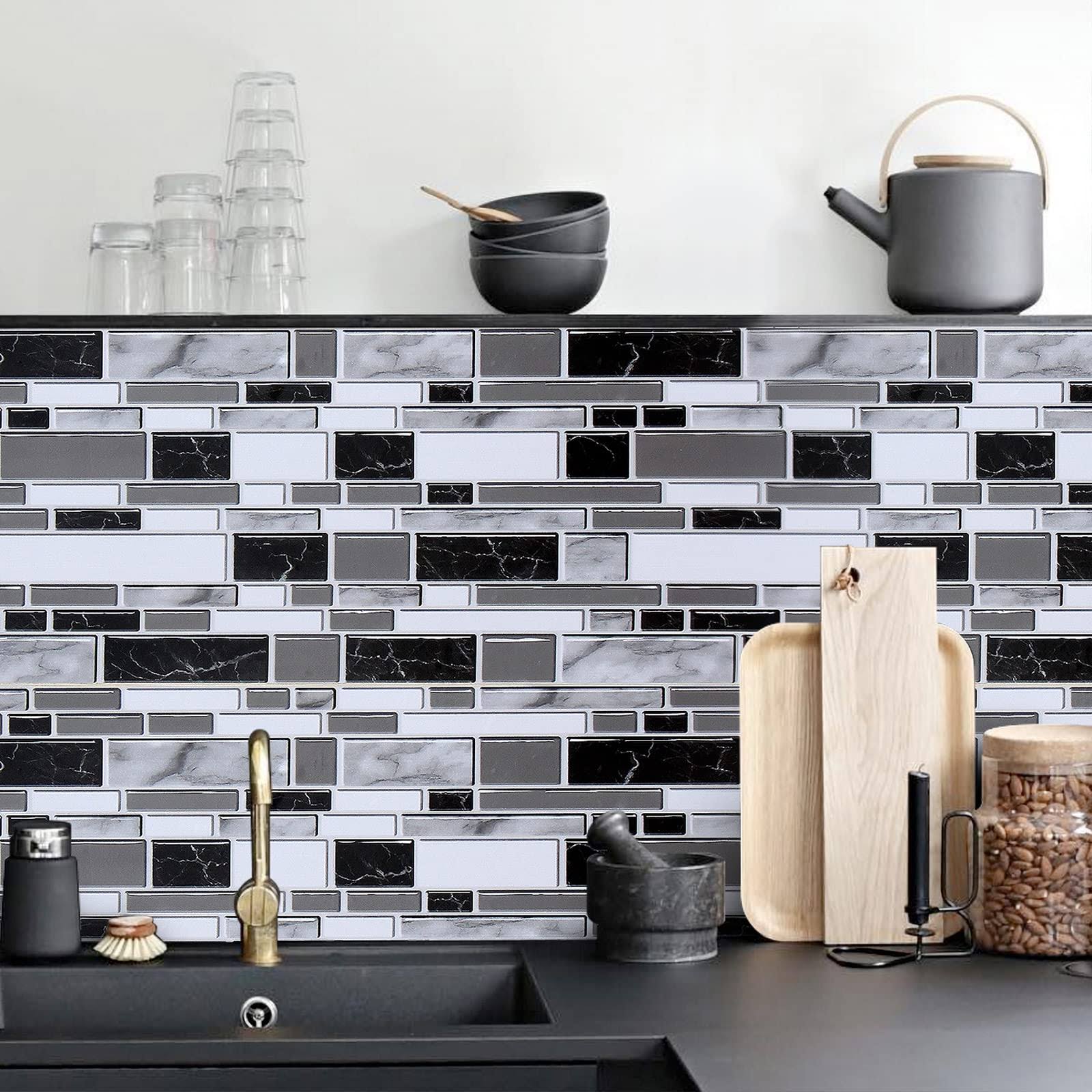 Livebor Black and White Peel and Stick Backsplash Kitchen Wallpaper 118inch x 1181inch Bathroom Wallpaper - Product image 1