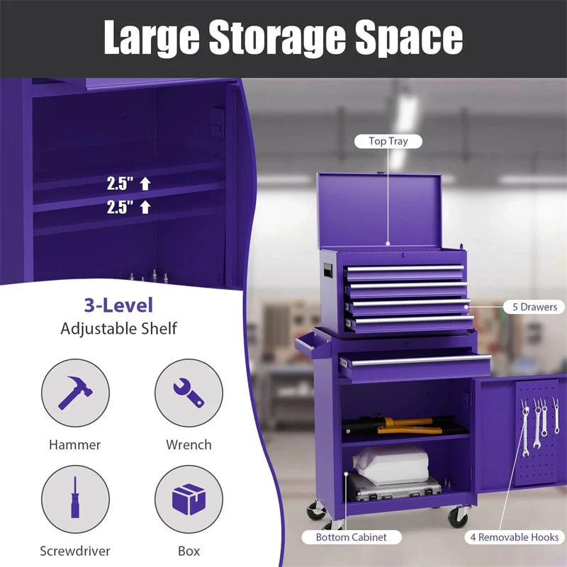 2-in-1 Rolling Tool Chest, 5-Drawer Tool Storage Cabinet with Wheels, Adjustable Shelf - Product image 94