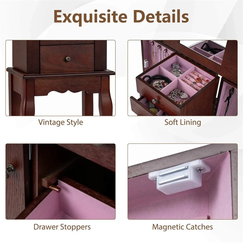 Standing Jewelry Armoire Cabinet with Flip Top Mirror, 4 Drawers, 8 Necklace Hooks & 2 Side Doors - Product image 8